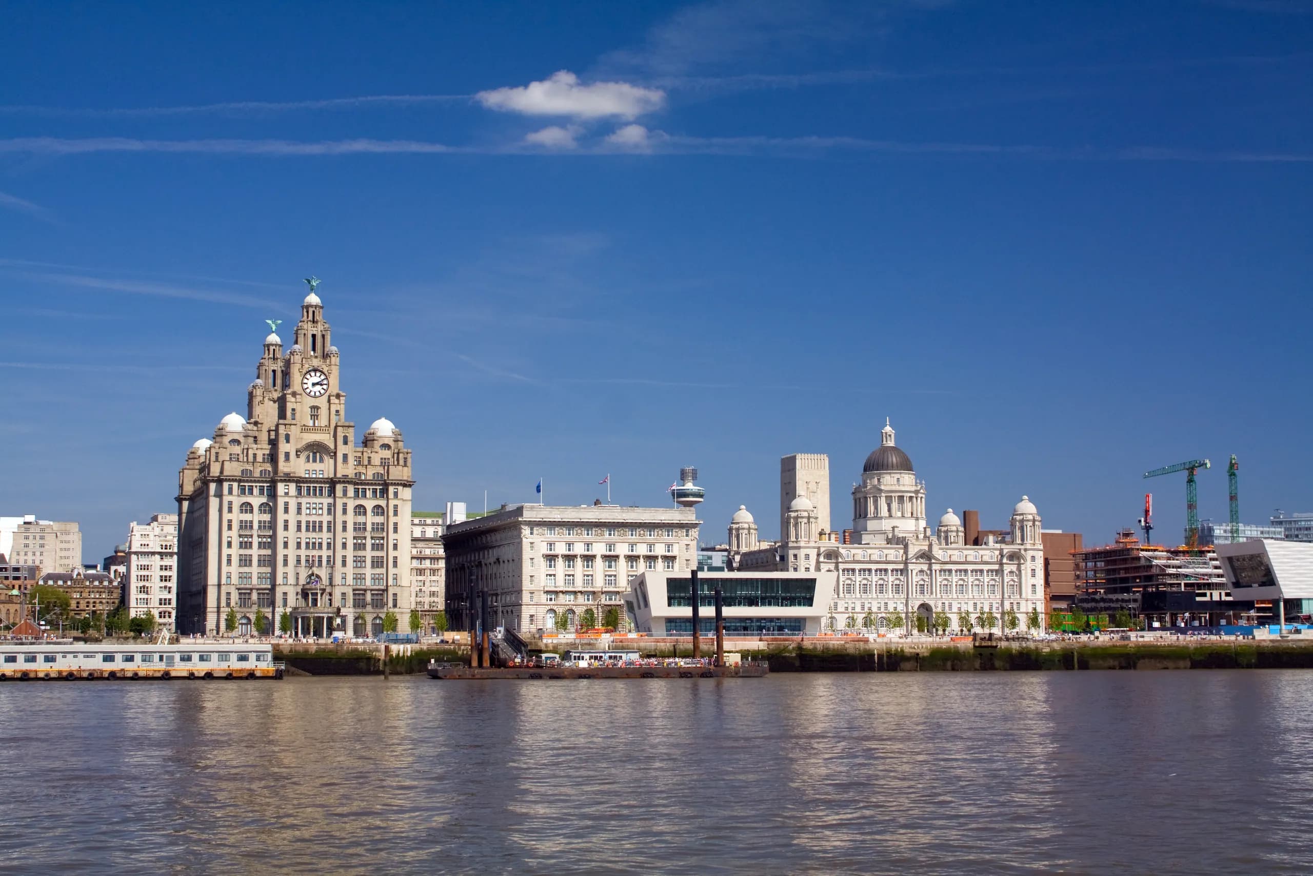 The Liverpool waterfront and the Royal Liver Building on the Mersey