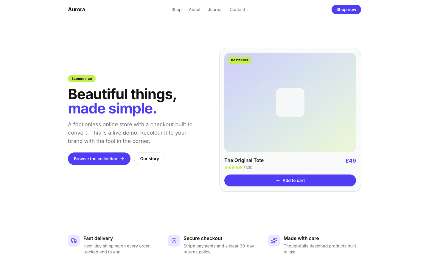 Aurora, one of our seven live demo sites, open and recolourable right now