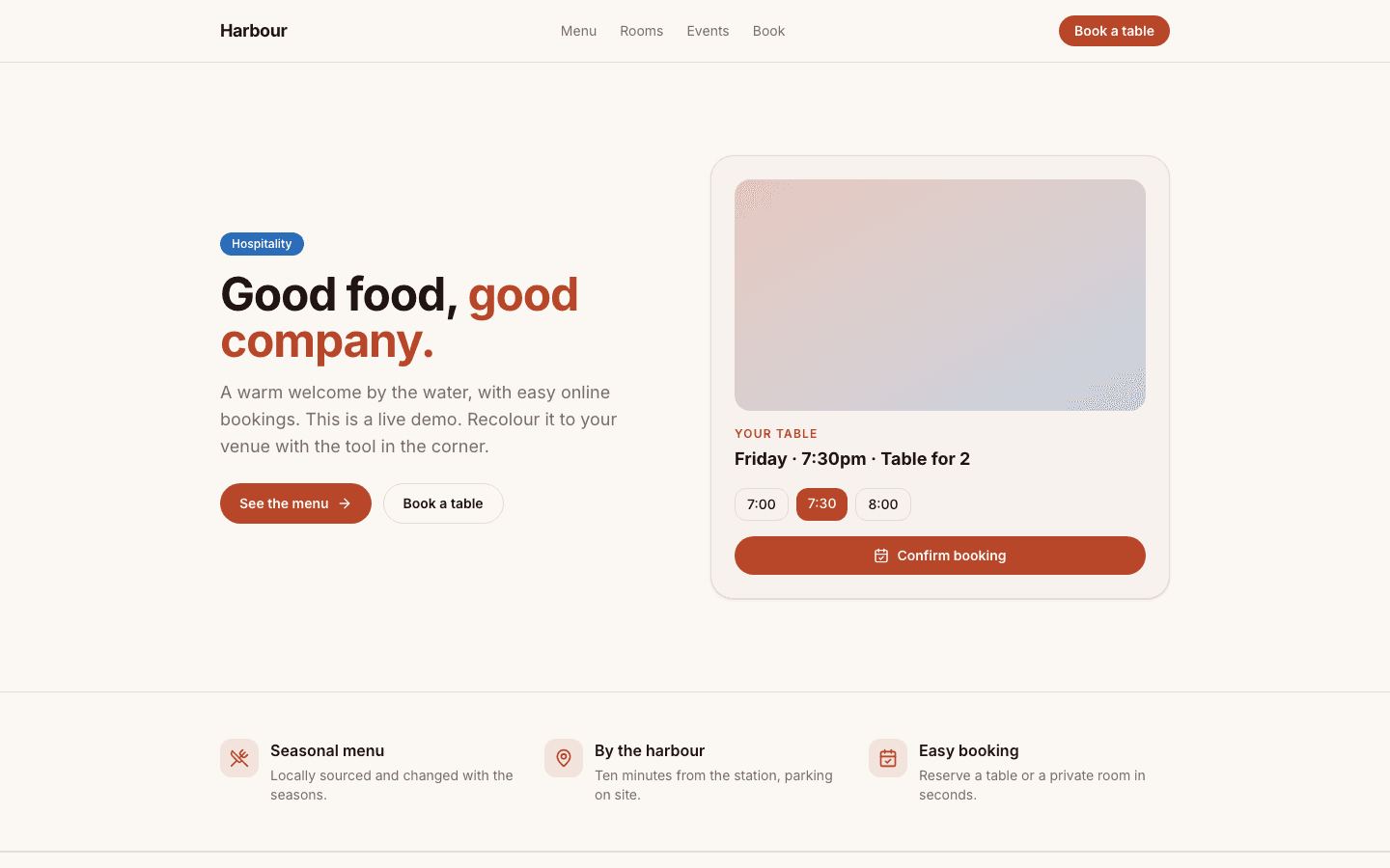 Harbour: live Hospitality demo site