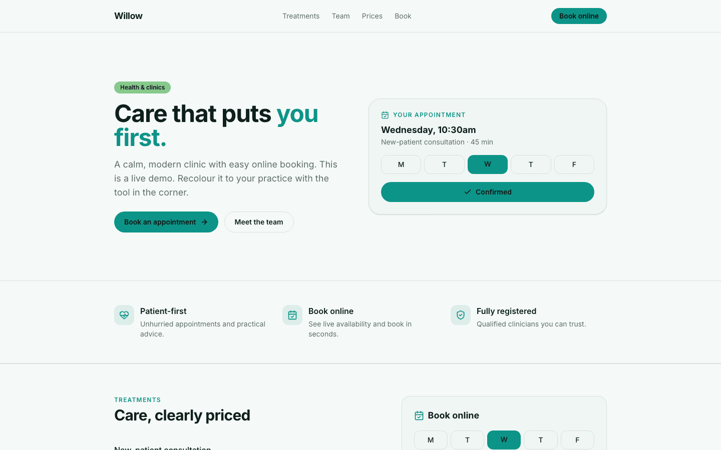 Willow: a live Health & clinics demo you can open and recolour
