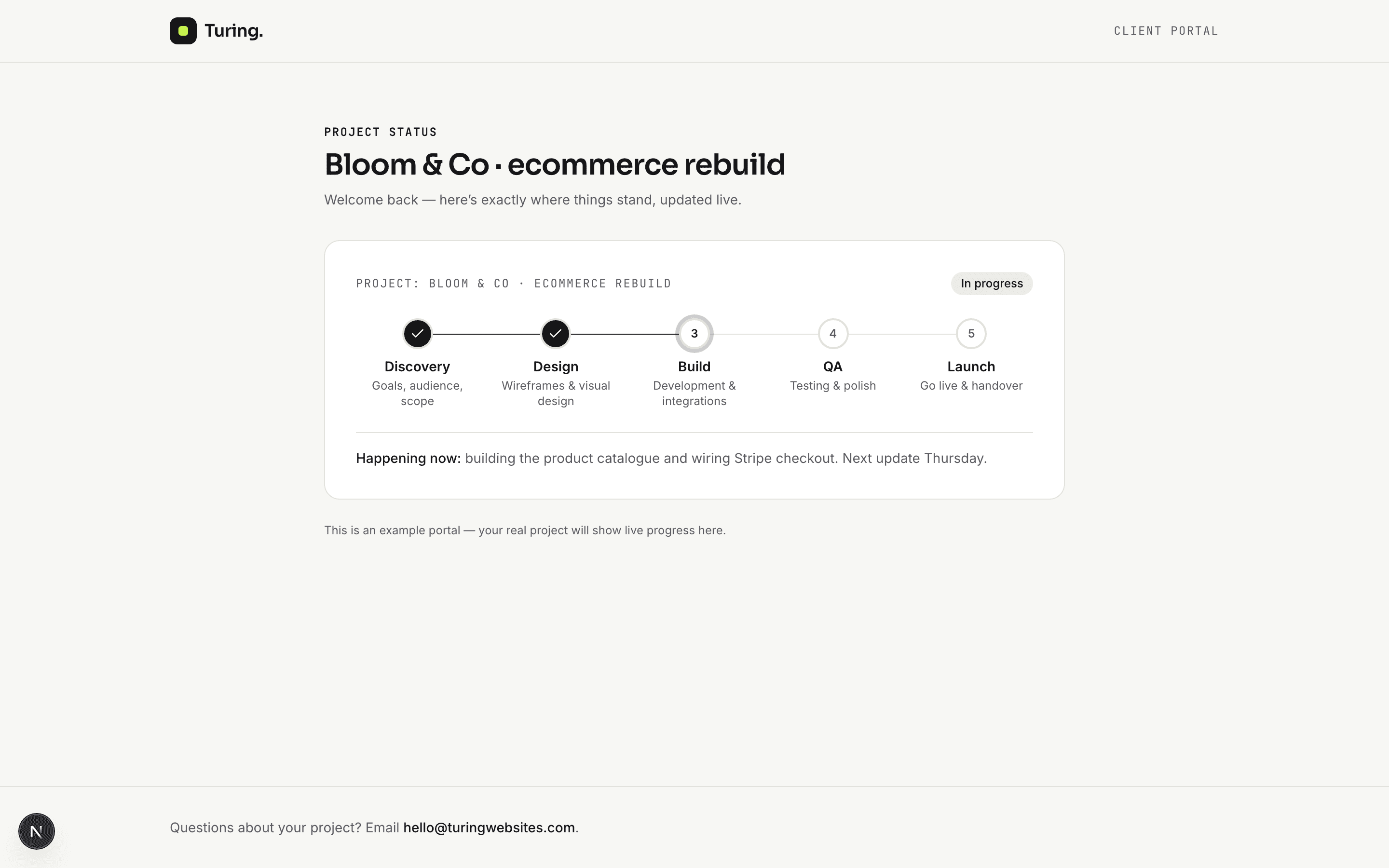 The live open-door project tracker: the Bloom & Co demo build, mid-flight
