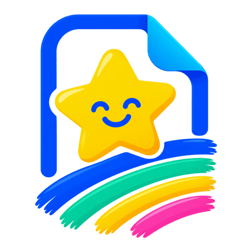 A smiling yellow star over a four-colour rainbow