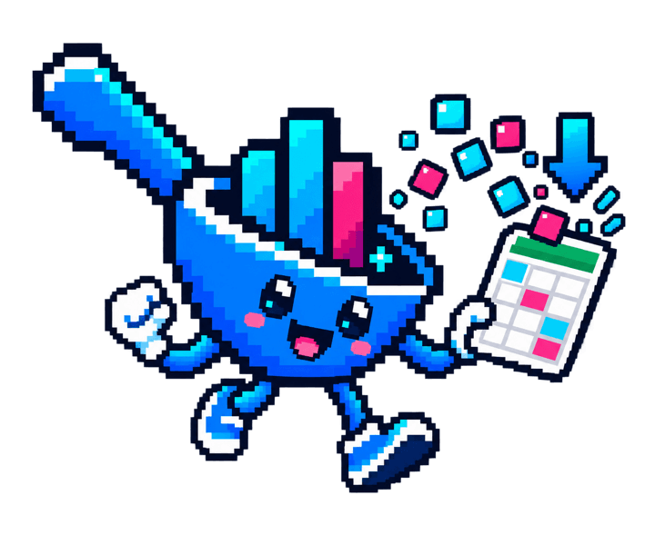 DataScoop's pixel-art character carrying a spreadsheet