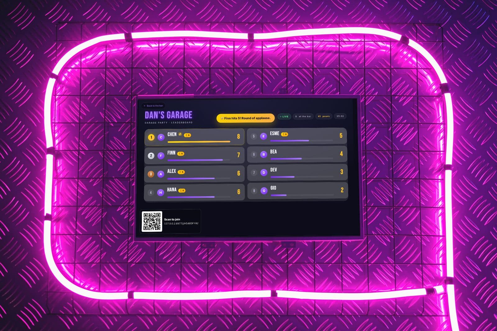 DrinkCountr live party scoreboard displayed on a television surrounded by pink neon lights