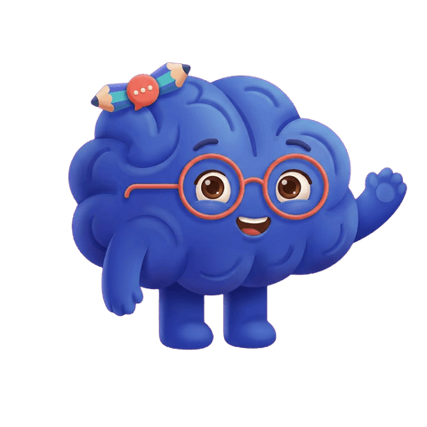 MindMark's blue brain mascot waving